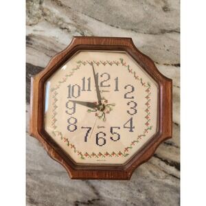 Vintage 80s New Haven Cross Stitch Wall Clock Wood Octagon Made in USA Quartz